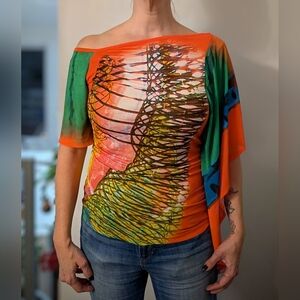 Save The Queen Designer Asymmetrical Graphic Sheer Blouse Size M